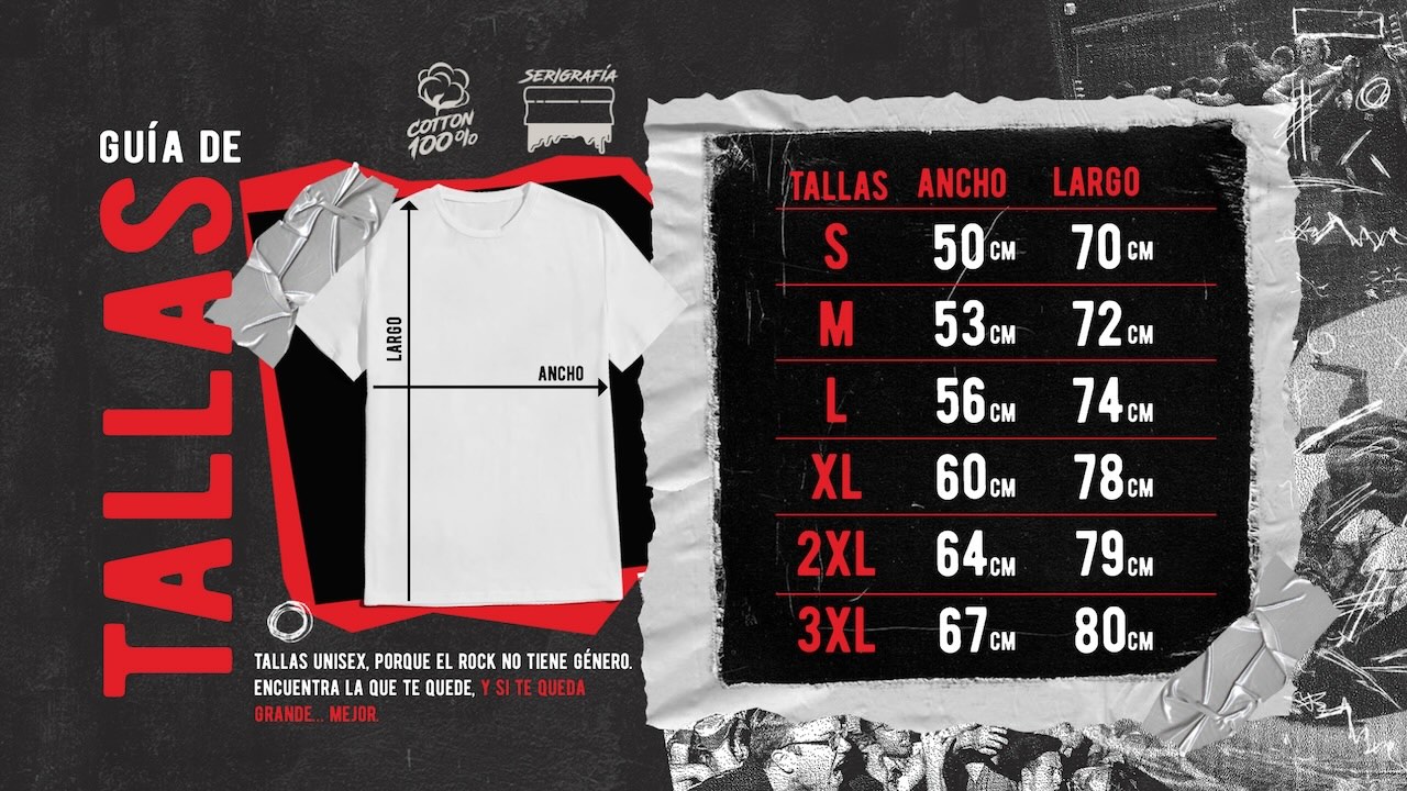 Foto guía de tallas de camisetas.